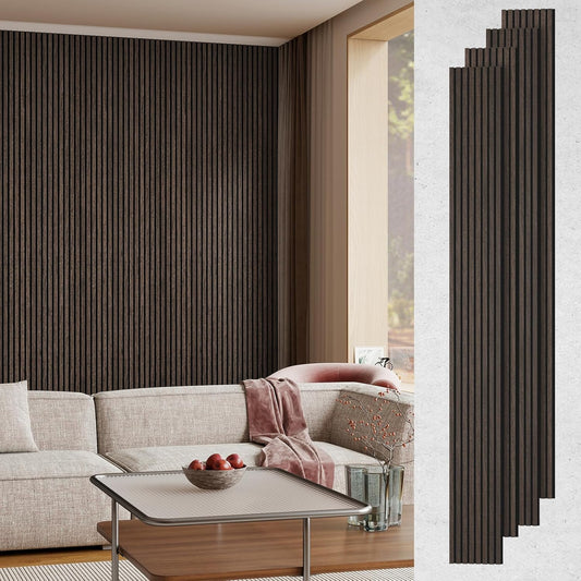 MISSDAY Wood Slat Acoustic Wall Panels, 4 Packs 94.5" x 12.6" Dark Walnut Soundproof Panel For Interior Wall Decor Noise Absorbing-3D Textured Wooden Panel Sound-Absorbing for Home, Office, Studio
