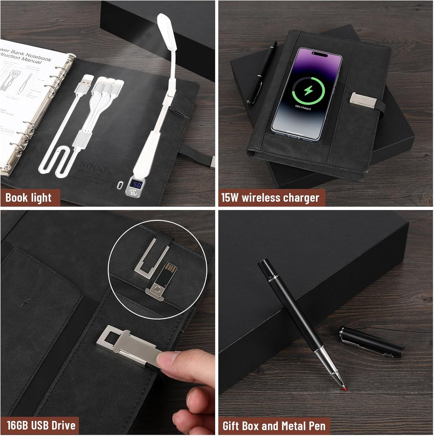 Premium Refillable Planner & Notebooks For Work,Rocketbook Notebook,With 8000mAh Power Bank, Book Light,3 in 1 Charger Cable,Card Holder,16G Thumb Drive,Used for Studying, Or Creating(Black-1)