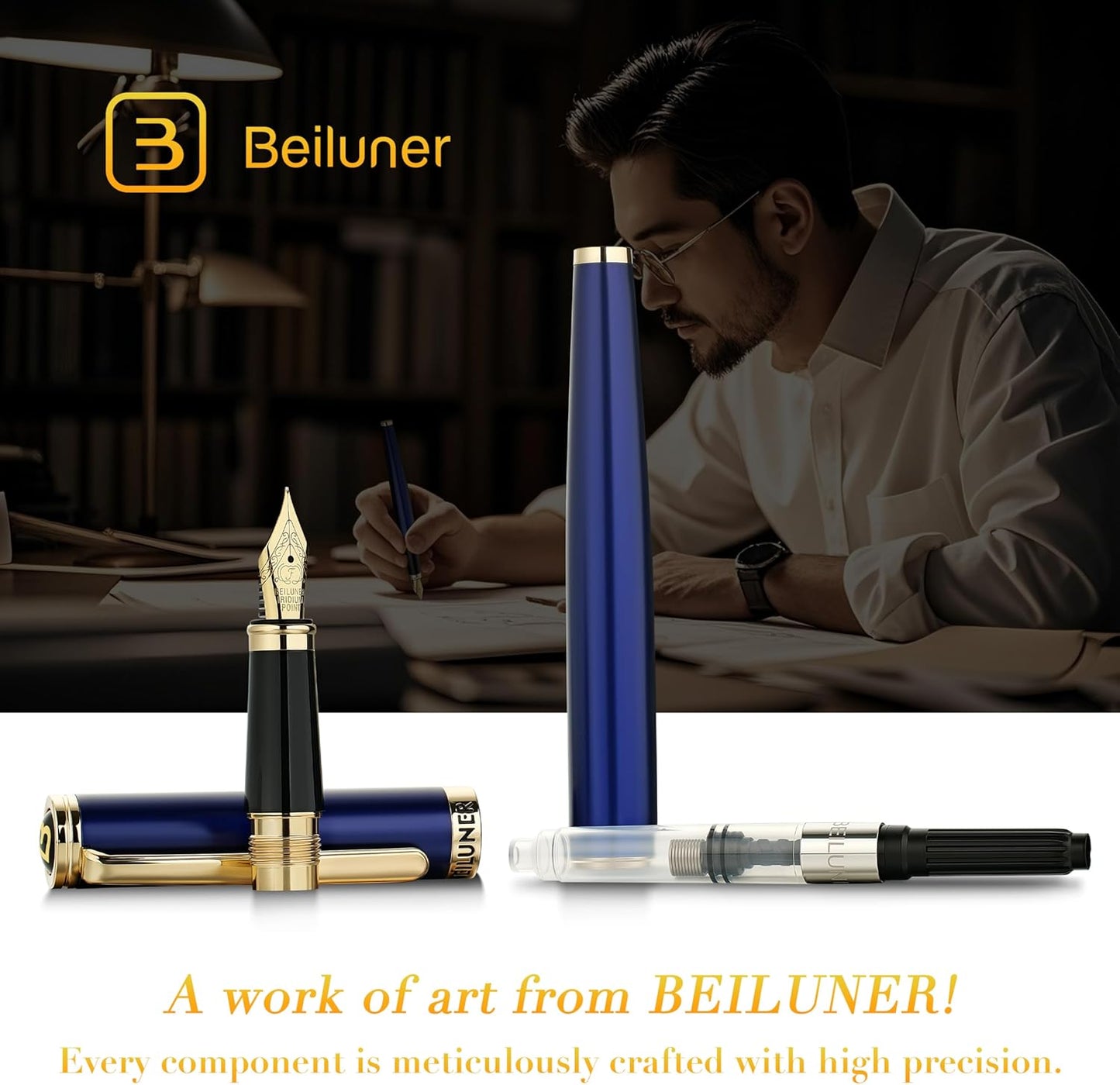 BEILUNER Blue Fountain Pen,Stunning Luxury Lacquer, 24K Gilded Nib(Fine),Gorgeous 24K Gold Accents, with Ink Converter,Fancy Gift for Men&Women-Smooth,Elegant,Graduation,Reliable,Nice Pens for Writing