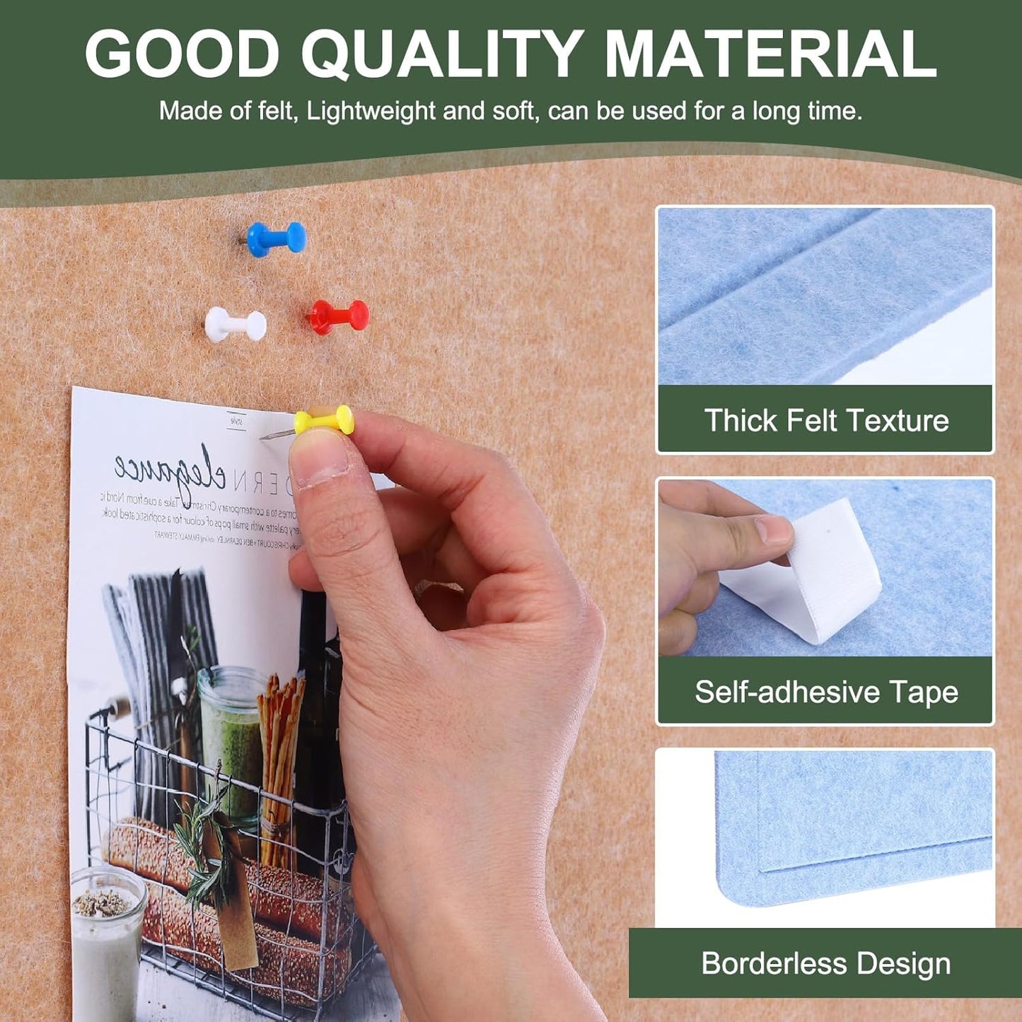 YOKIVE Felt Bulletin Board, 48 x 36 -Inch Foldable Decorative Pin Board Self Adhesive Felt Cork Board with 20 Pushpins, Great for Wall, Photo Display, Paste Note, Schedule(Blue)