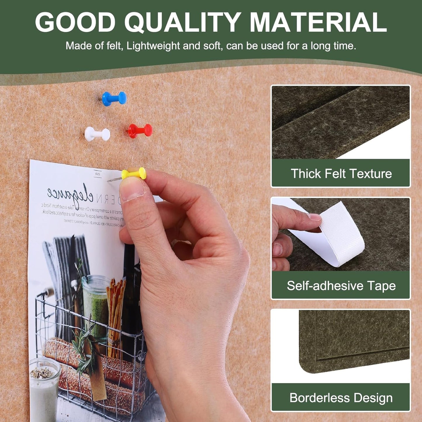 YOKIVE Felt Bulletin Board, 48 x 36 -Inch Foldable Decorative Pin Board Self Adhesive Felt Cork Board with 20 Pushpins, Great for Wall, Photo Display, Paste Note, Schedule(Olive)