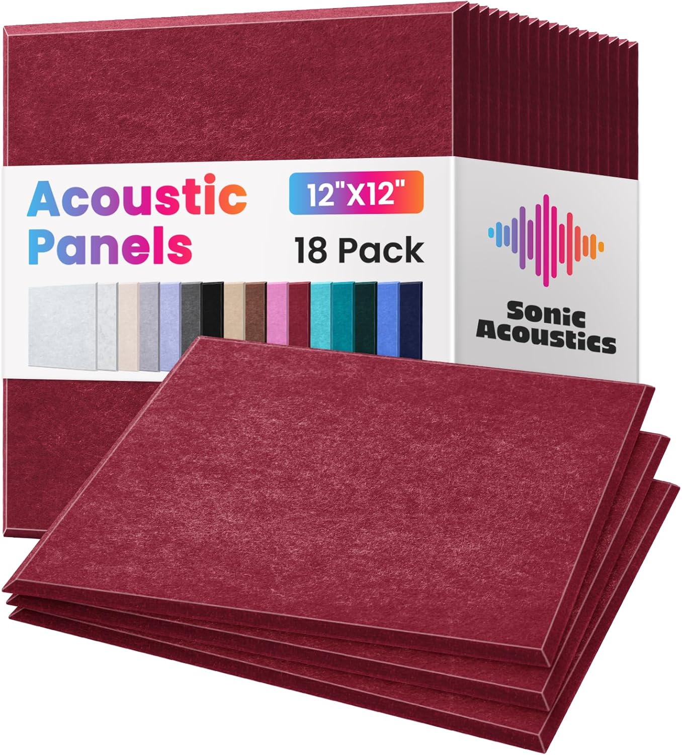 18 Pack Acoustic Panels Self Adhesive Sound absorbing Wall Panels, High Density Dampening Panel, 12X12X0.4 Inch Square Wall Panels in Home,Office,Reccording Room,Studio (Wine Red)