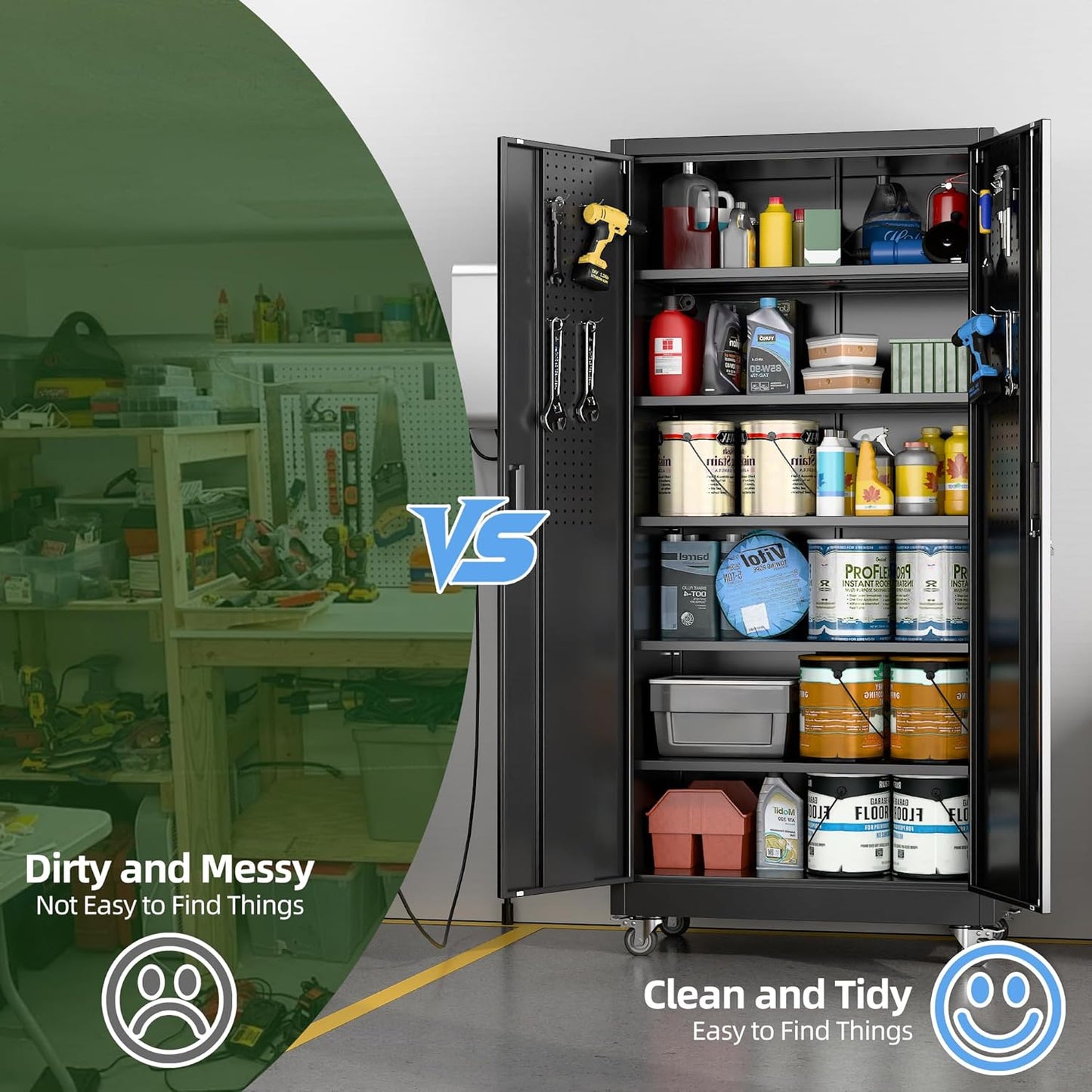 Aobabo Upgraded Garage Storage Cabinets with Wheels,Metal Storage Cabinets with 5 Adjustable Shelves for Garage Home Office Storage, Black,71''H*34''W*18''D,Assembly Required