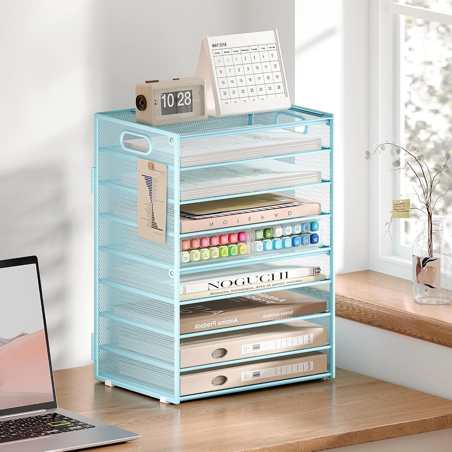 Subekyu 9 Tier Paper Letter File Tray Organizer for Desk, Large Mesh Desk Folder Sorter Organizer with Handle, Include 6 Pcs Adjustable Height Slid Tray for Office Home School Supplies Storage, Blue