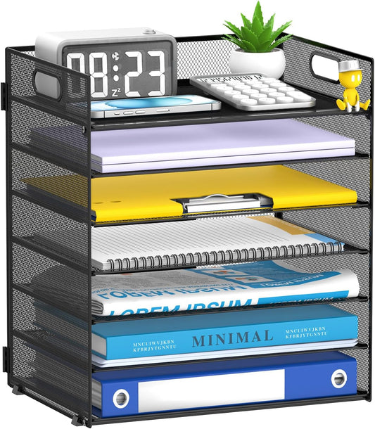 7-Tier Paper Organizer for Desk, Letter Tray with Handle Mesh Desk File Organizer, Workspace Organizers, Paper Sorter Organizer for Office Home School (Black)