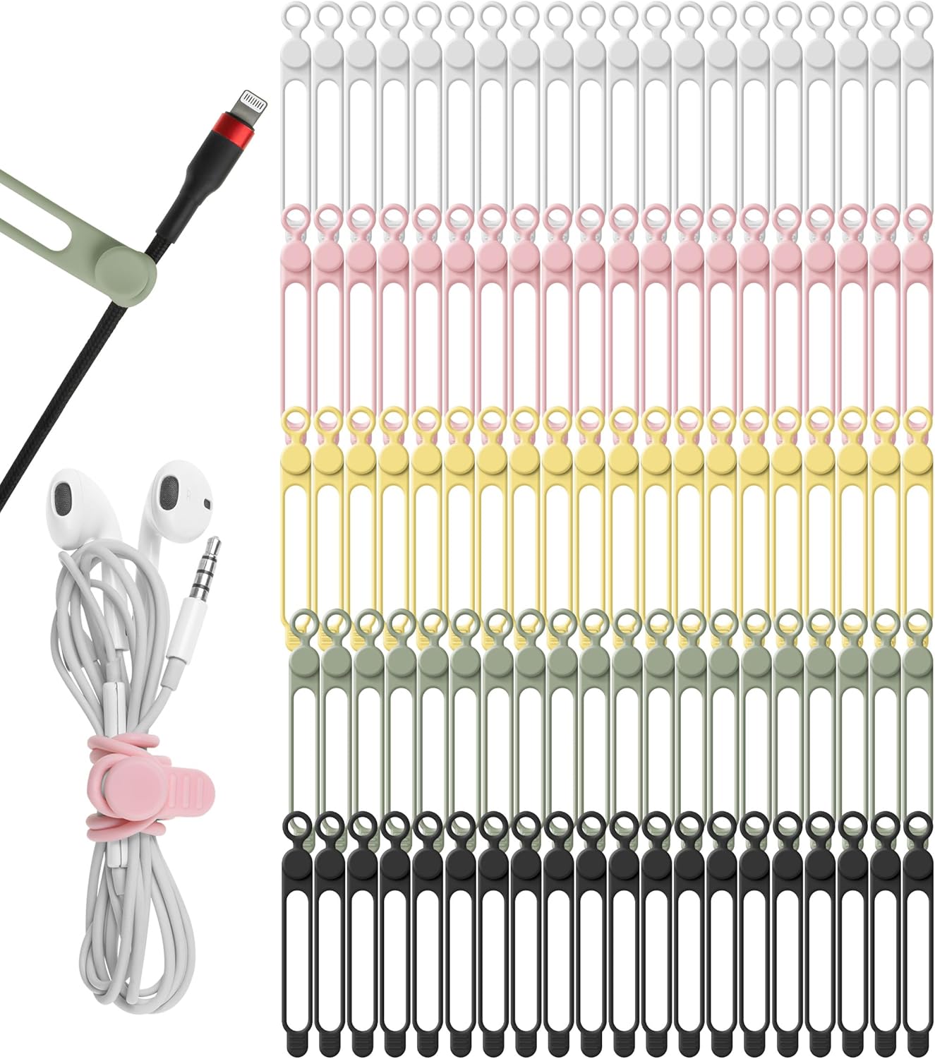 Nearockle 100Pcs Silicone Cable Ties Cord Organizer for Bundling Earphone, Phone Charger, Computer Cords, Reusable Cable Ties Wire Organizer in Home,Office,Kitchen,School (5 Colors)