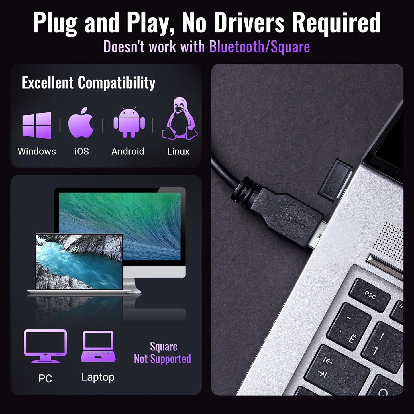 Tera Barcode Scanner Wireless Versatile 2-in-1 (2.4Ghz Wireless+USB 2.0 Wired) with Battery Level Indicator, 328 Feet Transmission Distance Rechargeable 1D Laser Bar Code Reader Handheld 5100 Purple