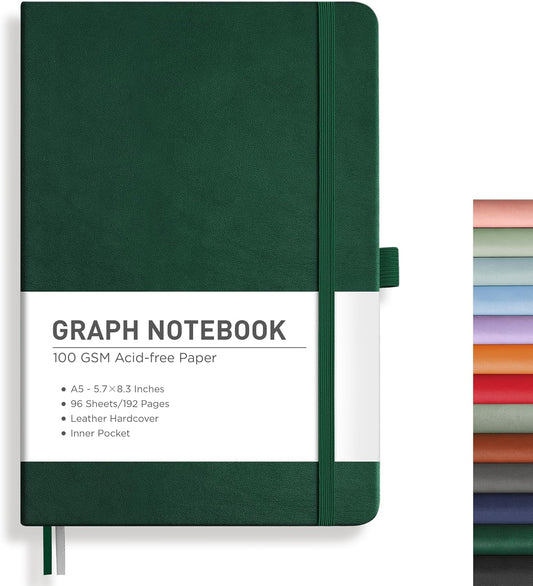RETTACY Graph Grid Paper Notebook, 192 Pages, A5 Medium Size (5.7'' x 8.3''), 5 Squares per Inch, Leather Hardcover, 100 GSM Thick Paper, for School, Students, Math, Engineering (Dark Green)