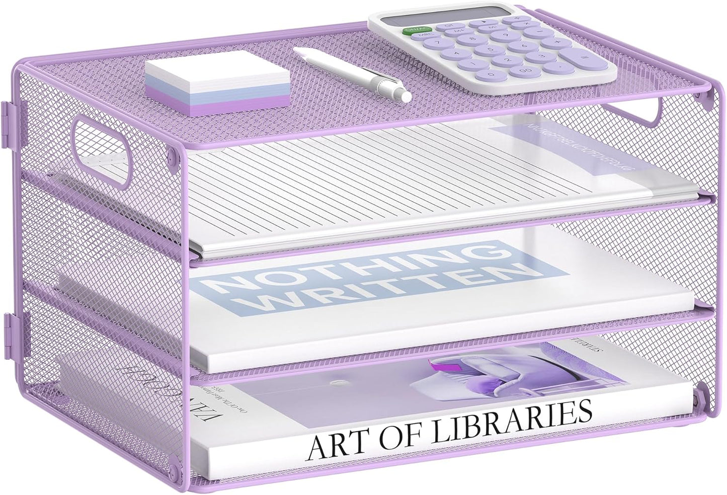 DALTACK 3 Tier Letter Tray Paper Organizer with Handle, Mesh Desk File Organizer, Paper Tray Desk Organizer for School Office Home, Metal Mesh, Purple
