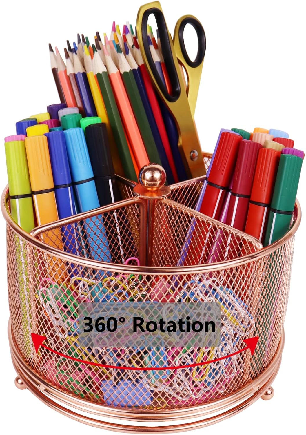 Rose Gold Pen Holder for Desk, Mesh Rotating Desk Pencil Marker Organizer, Large Capacity Stationery Storage Office Supplies Organization, 4 Compartments for Women Kids Students Teachers