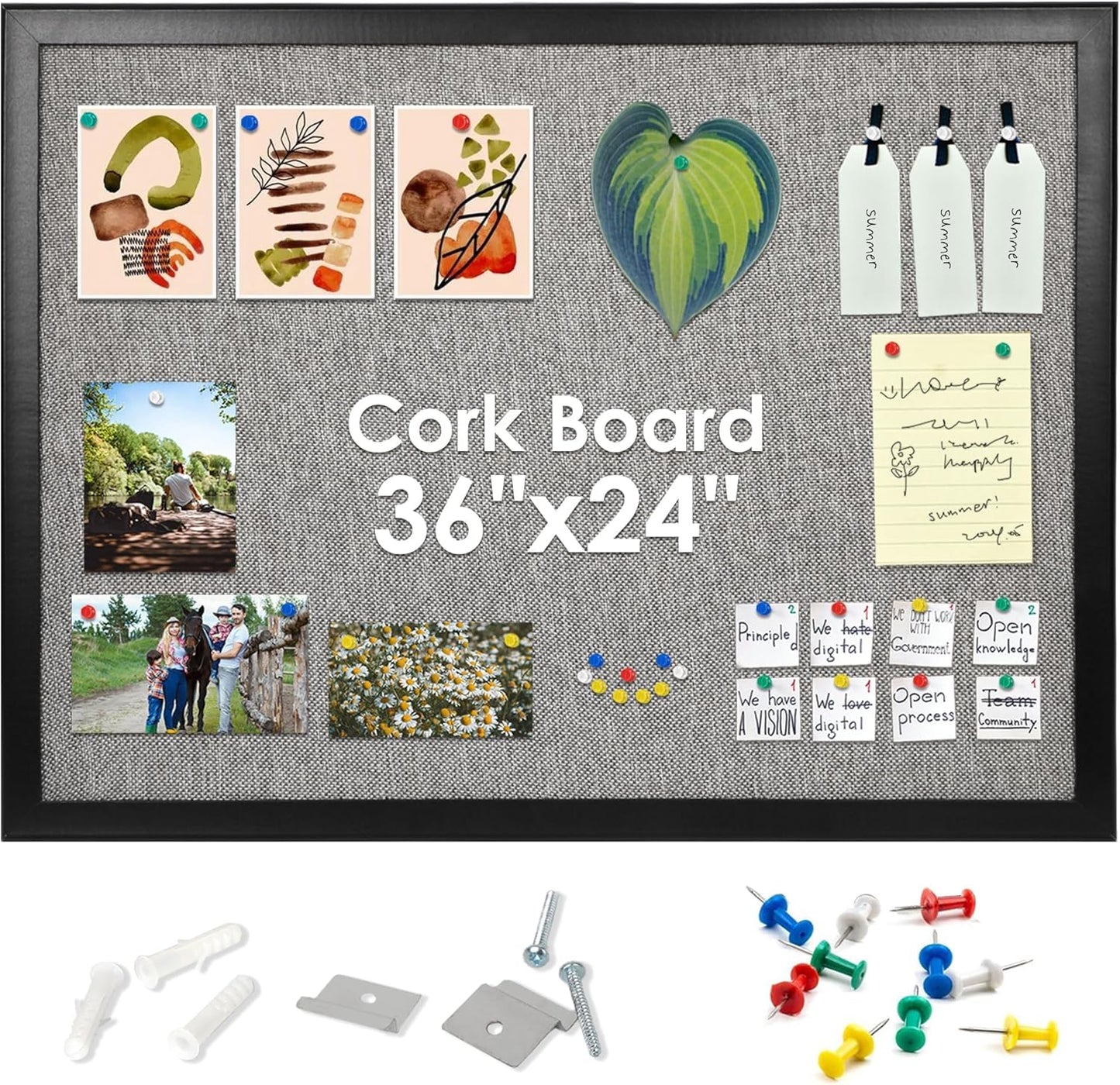 SHANTRA 36 x 24 Inch Bulletin Board with Grey Fabric, Wood Framed Canvas Cork Board, Corkboard for Walls with 10 Pins, Decorative Vision Board, Wall Mounted Notice Board for Home, Office, School