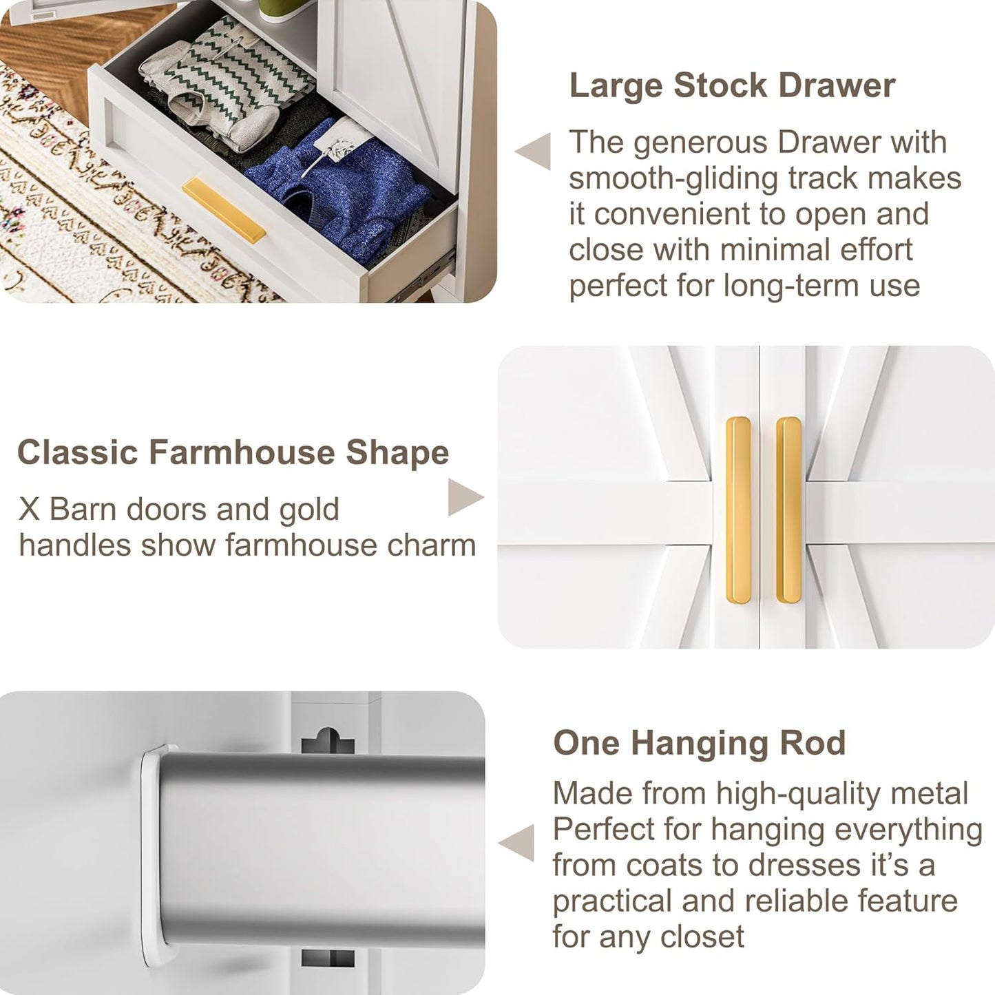 Metal Wardrobe Cabinet with Hanging Rod,71" Armoire Wardrobe Closet with 2 Drawers,Farmhouse Metal Clothing Storage Cabinets with Door and Adjustable Shelves for Bedroom,Laundry Room(White)