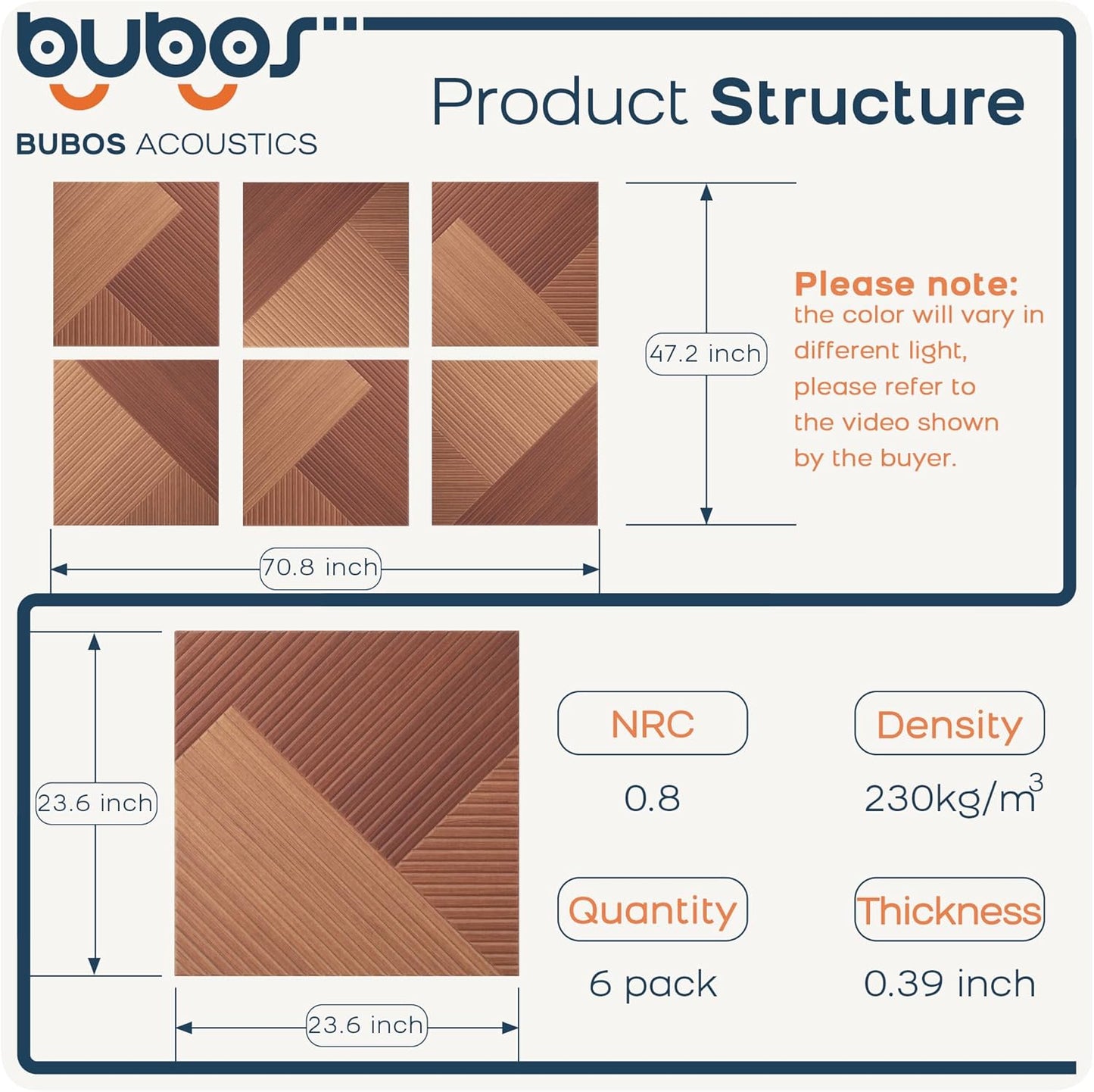 BUBOS Large Acoustic Panels,6 Pack Wood-Pattern Printing Soundproof Wall Panels, Total Size 70.8 x 47.2 Inches Self-Adhesive Decorative Sound Absorbing Panels for Studio, Home,Deep Diamond Weave