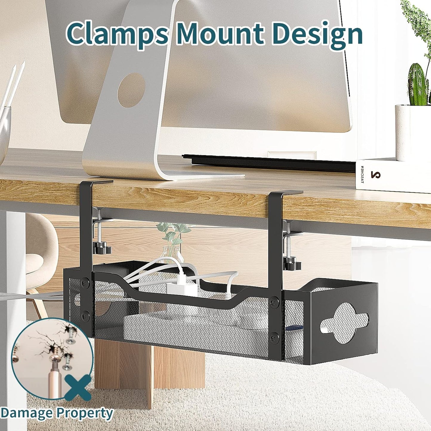 Under Desk Cable Management Tray 2 Pack, Cable Management Under Desk No Drill, Desk Cable Organizer with Clamp Easy to Install for Standing Desk Cord Organizer, Desk Wire Management No Damage to Desk