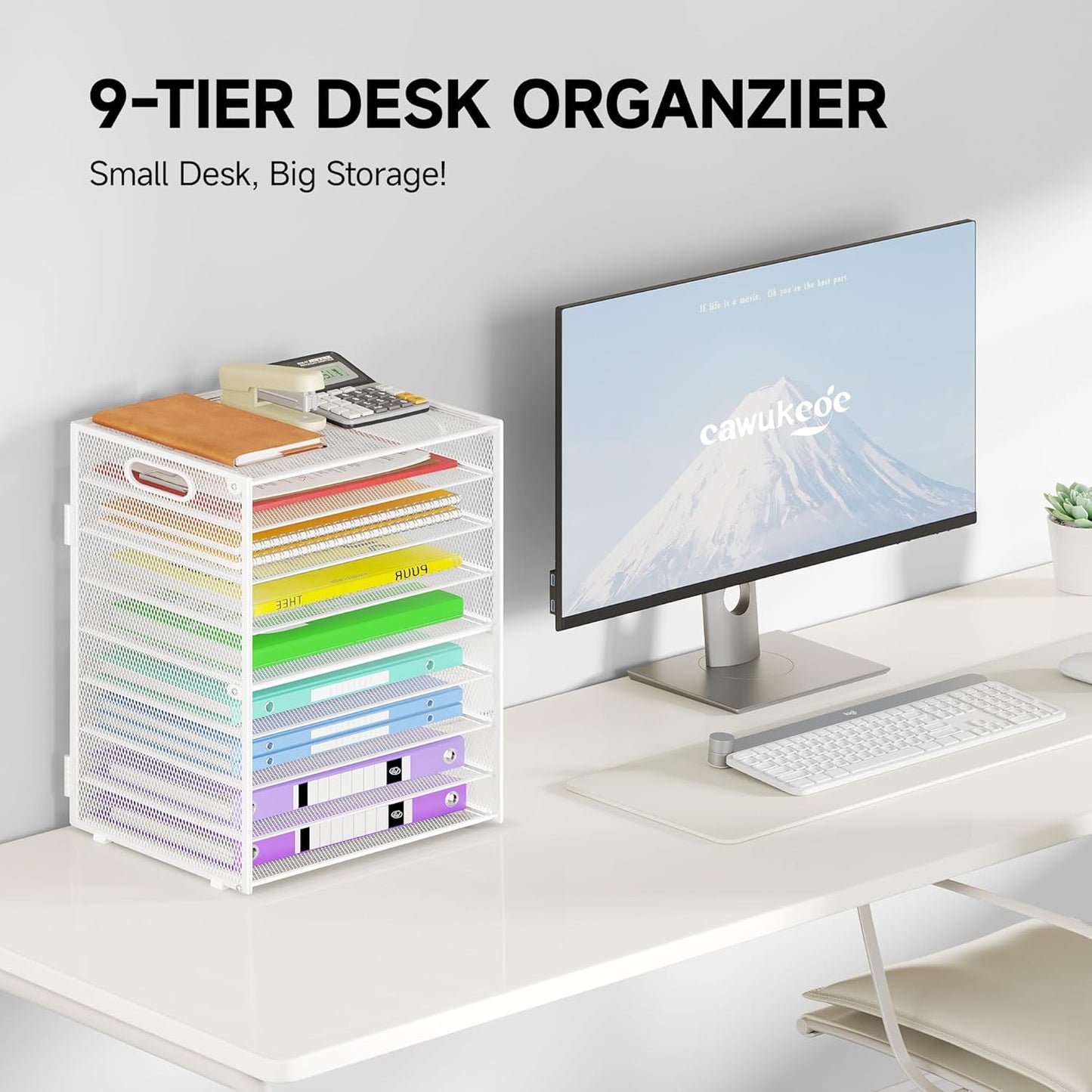 9 Tier Paper Organizer with Handle, Large Capacity Desk Organizer Mesh File Folder Letter Paper Tray Desktop Document Sorter for Classroom, School, and Office Accessories Organization- White