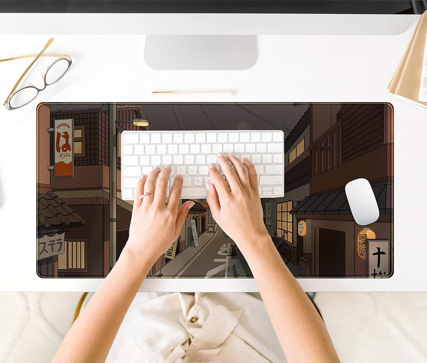 Tokyo Street at Night Kawaii Japanese XL Mouse Pad, Cute Gaming Desk Pads, Anime Large Desktop Mat, XXL Keyboard Mats, Extended Laptop Mat 31.5''X15.7''