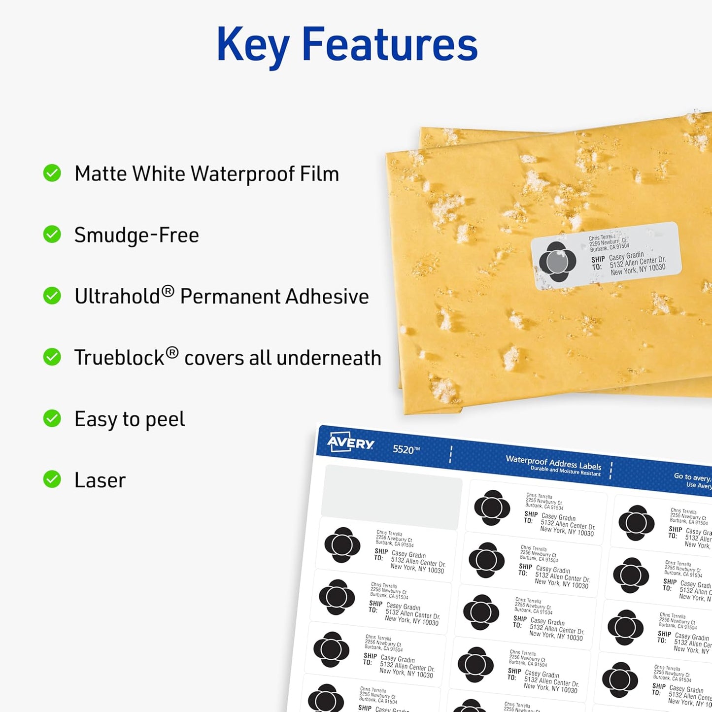 Avery Waterproof Sticker Labels for Printer - 1"x2-5/8" Mailing Labels, Ultrahold Permanent Adhesive, Laser Printers, 7,500 Printable Avery Address Label Sheets (5520)