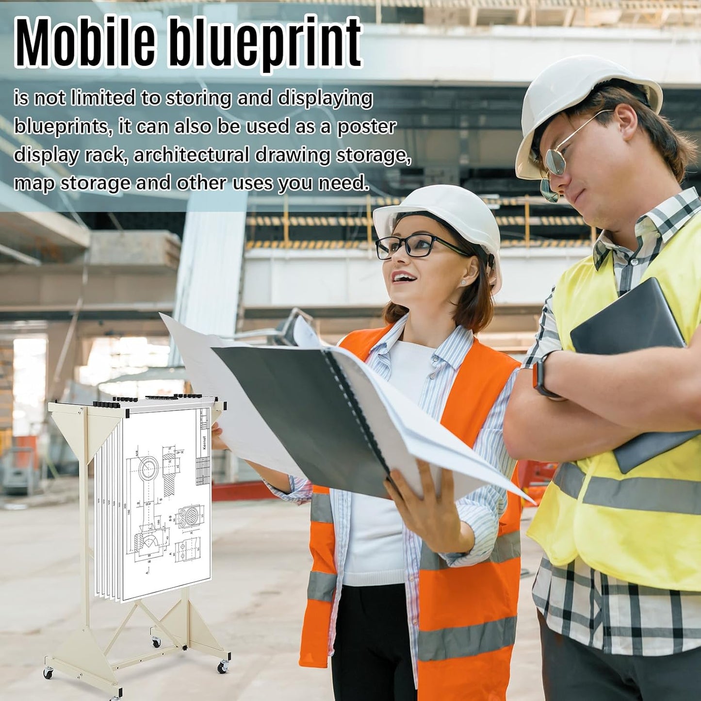 Estune Mobile Blueprint Holder Rack Adjustable Mobile Blueprint Holder with 4 Wheels Fits 23 Clamps 24" - 42" Hanging Clamps Poster Display Storage Organizer Stand for File Display Plan Office Home