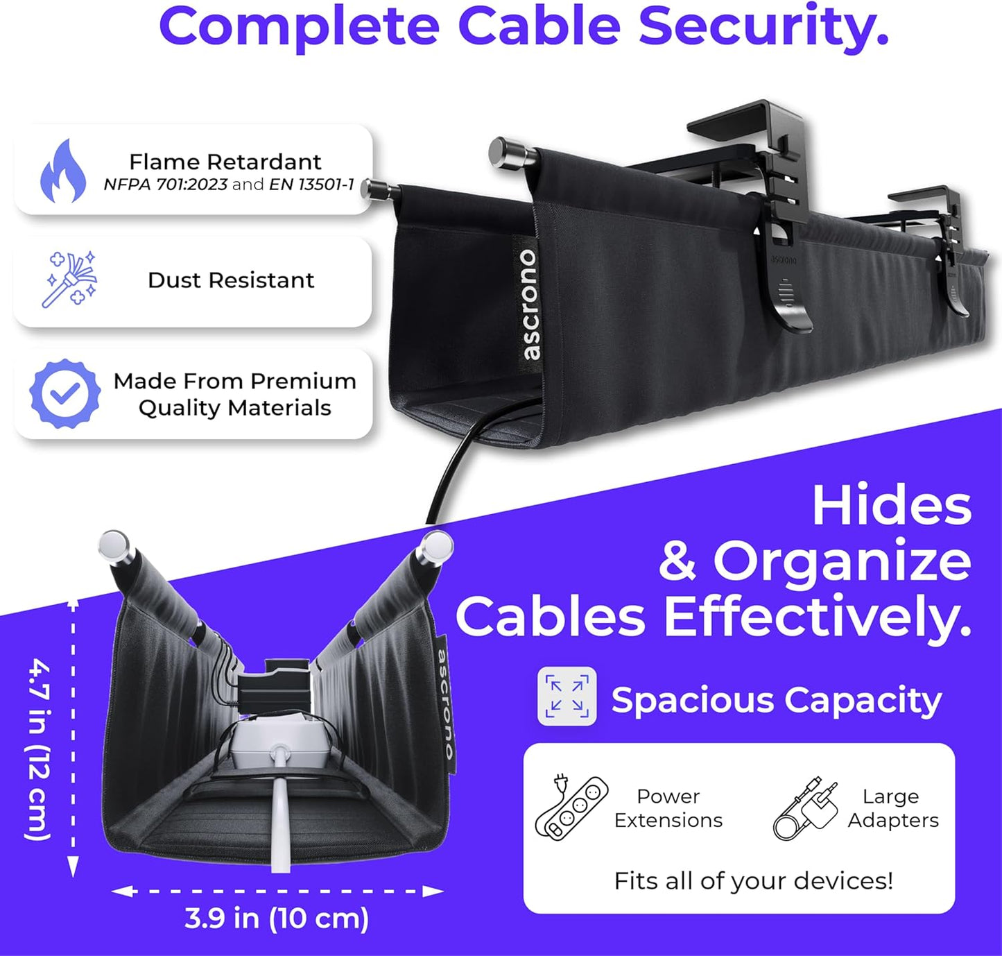 Original No Drill Under Desk Cable Management Tray 53.9" - Premium Black Fabric Cable Management Under Desk - Clamp/Screw Mount Cord Organizer - Supports Upto 66lbs - Extra Large