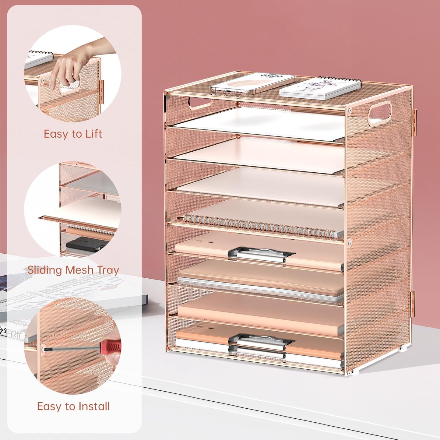 DALTACK 9-Tier Paper Letter Tray Desk Organizer with Handles, Mesh File Holder Organization, File Organizer for Desk Paper Sorter for Office Home School, Gold Rose