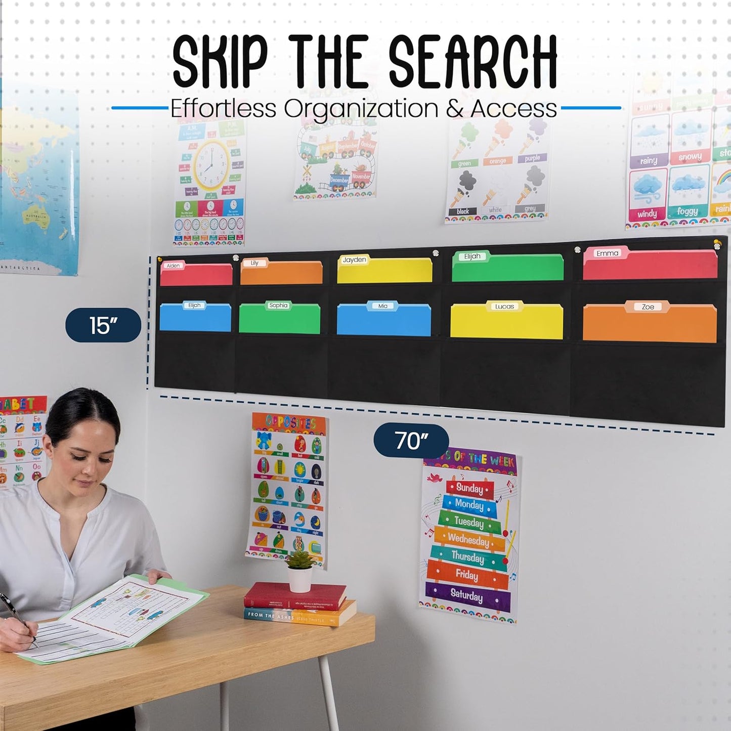 Essex Wares - 10 Pocket Horizontal File Hanging Paper Organizer for Letter Documents, Black, 69.5" Wide x 15.5" - Hanging Pocket File Organizer - Black Pocket Chart for Classroom & Office - 10 Pockets