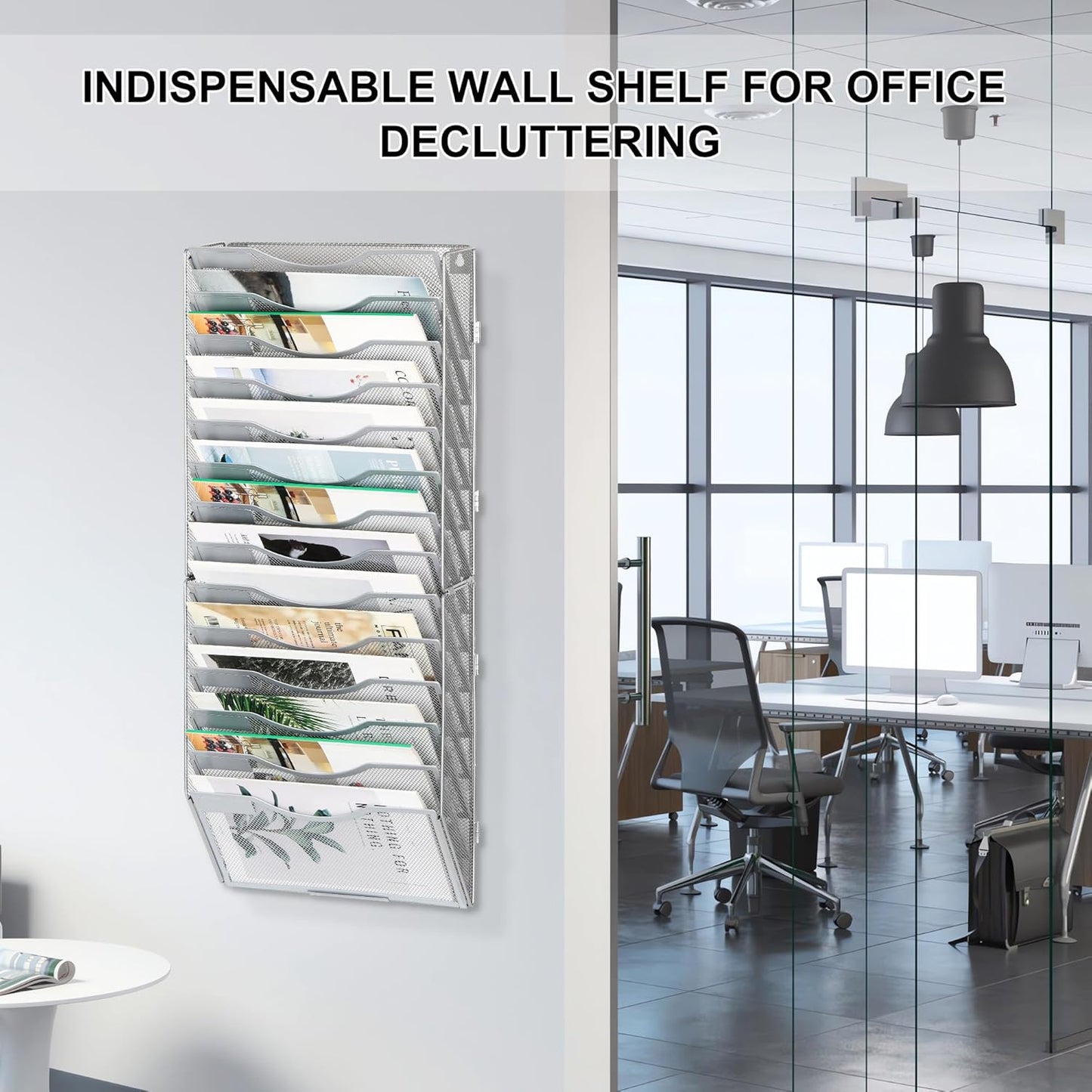 EasyPAG Wall File Holder Organizer 14 Pocket Mesh Hanging Wall Mounted Document Paper Folder Filing Magazine Rack with Nametag Label for Office Home School, Sliver