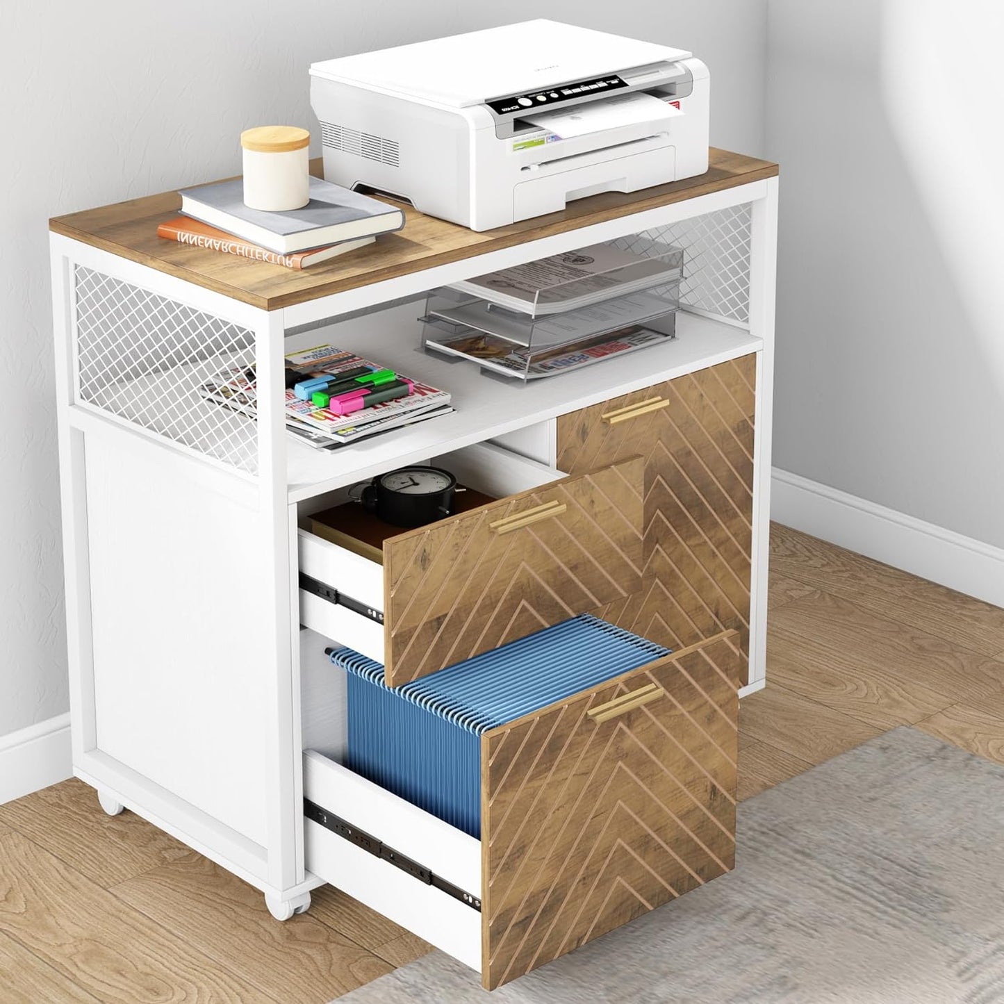 Tribesigns Modern File Cabinet with Drawers for Letter-Sized File and Door, lateral Filing Cabinet Printer Stand with Storage Shelves and with Rolling Caster for Home Office