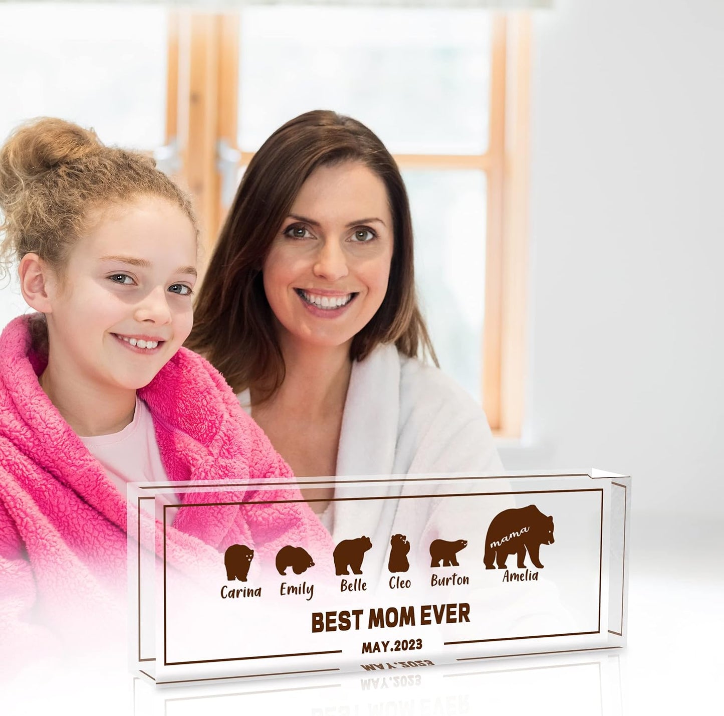 Personalized Office Desk Accessories Gift Mama Bear Family Sign with Names Text Date,Custom Mothers Day Gift from Daughter Son,Clear Glass Acrylic Desk Decor Desk Decorations for Women Office…