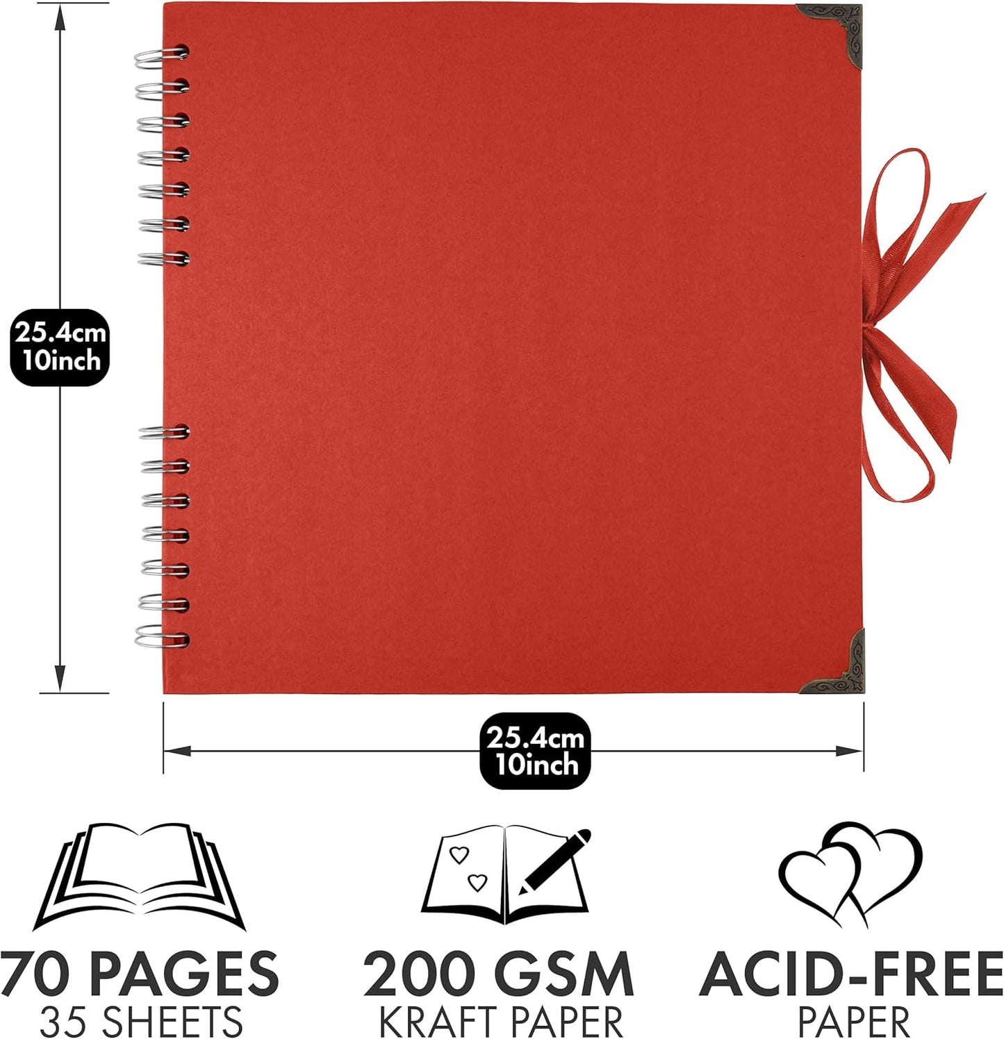 Bstorify 10 x 10 Inches Scrapbook Album 70 Pages Red Thick Kraft Paper Corner Protectors, Ribbon Closure - Ideal for Your Scrapbooking, Art & Craft Projects (Red, 10 x 10 Inch)