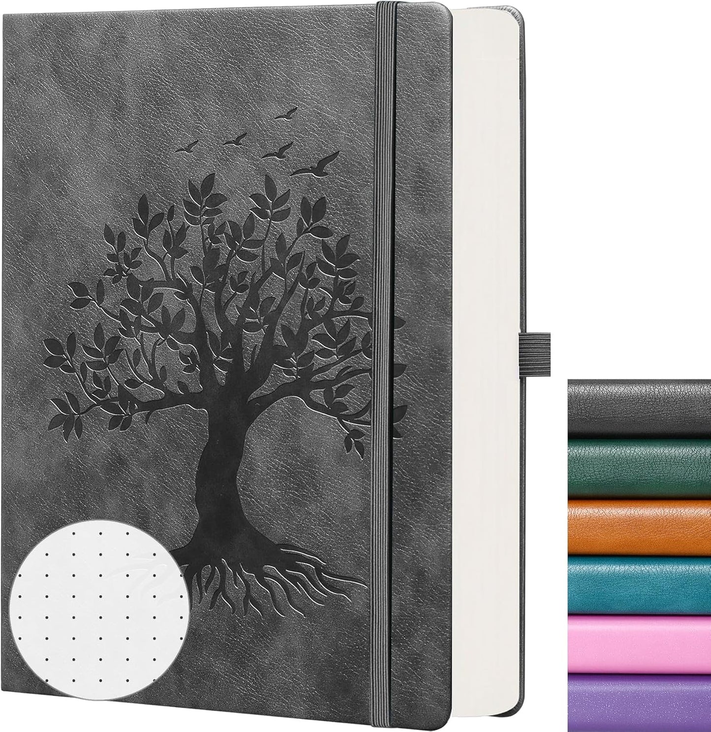 ZXHQ B5 Bullet Dotted Journal Notebook:150gsm Thick Paper, 256 Pages, Dot Grid Hardcover, Tree of Life Design, Fine Inner Pocket - 7.7" × 10" Dark Grey