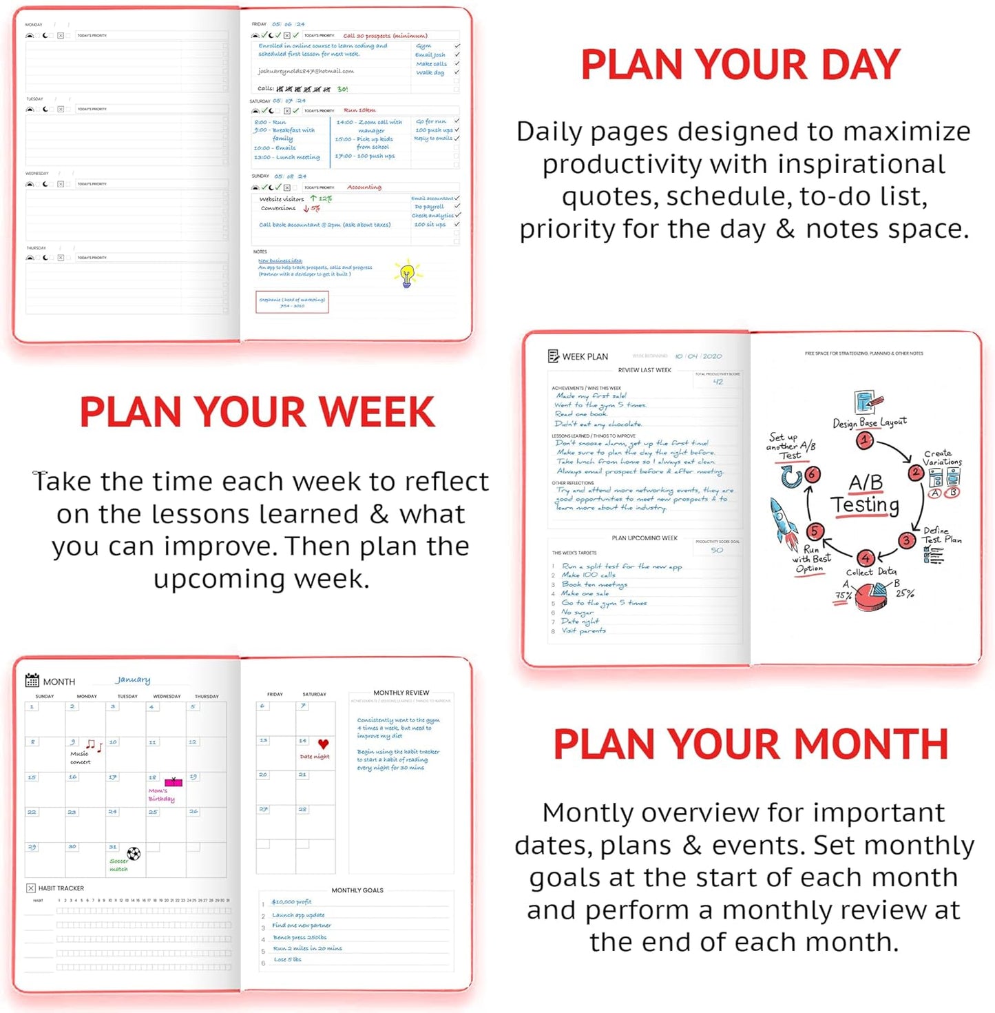Undated Daily Planner – 1-Year B5 Productivity Organizer with Two-Page Weekly Spread, Goal Setting, Habit Tracker, Weekly & Monthly Pages – Hardcover Time Management Notebook (Red)