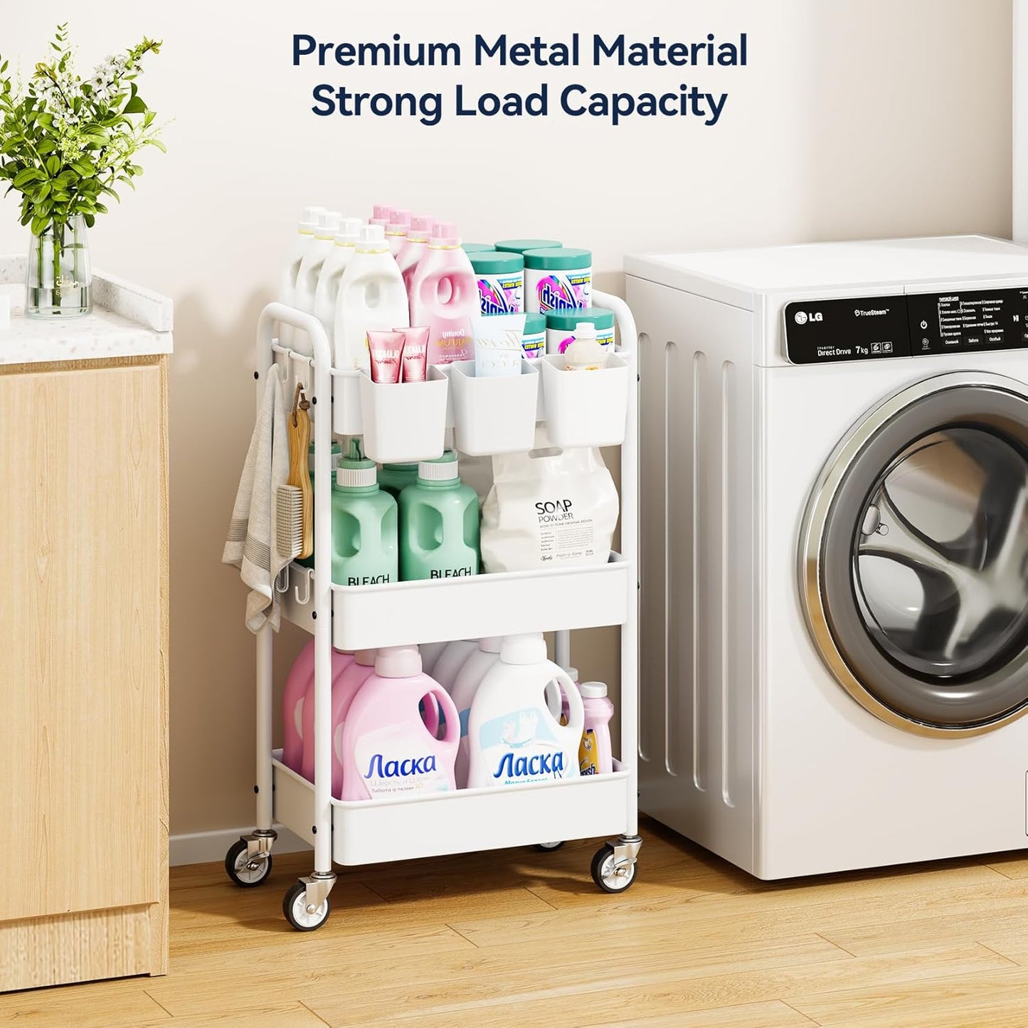 YASONIC Metal 3 Tier Rolling Cart - Heavy Duty Utility Cart with Lockable Wheels, Hanging Cups, Hooks, Mesh Rolling Storage Cart Craft Cart Organizer, Lightweight and Sturdy, White