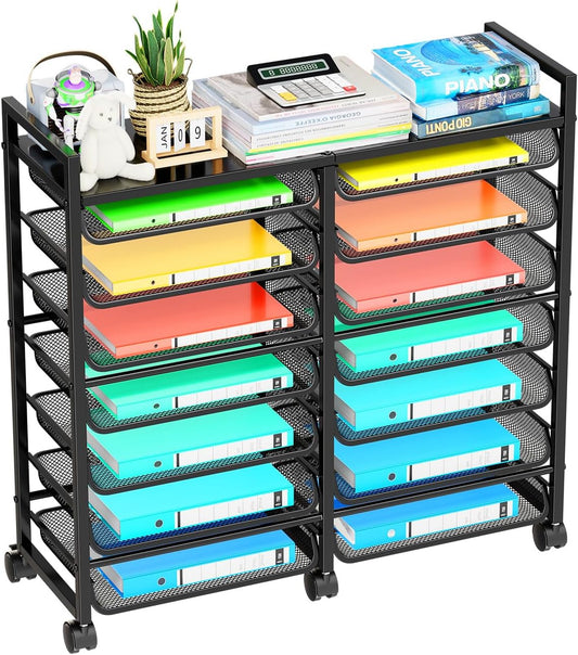 Simple Trending Rolling File Storage Cart, 15-Tier Metal Desk File Organizer with 14 Mesh Sliding Trays, Multi-Functional Clutter Cart for Office Home School, Black