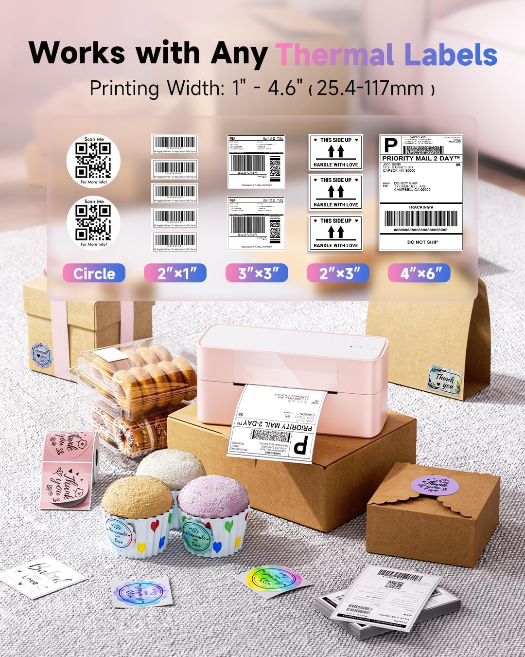 Bluetooth Thermal Label Printer Pink, Wireless 4x6 Thermal Shipping Printer Pink for Small Business & Shipping Package, Desktop Printing, Compatible with Amazon, Ebay, Shopify, Etsy, USPS