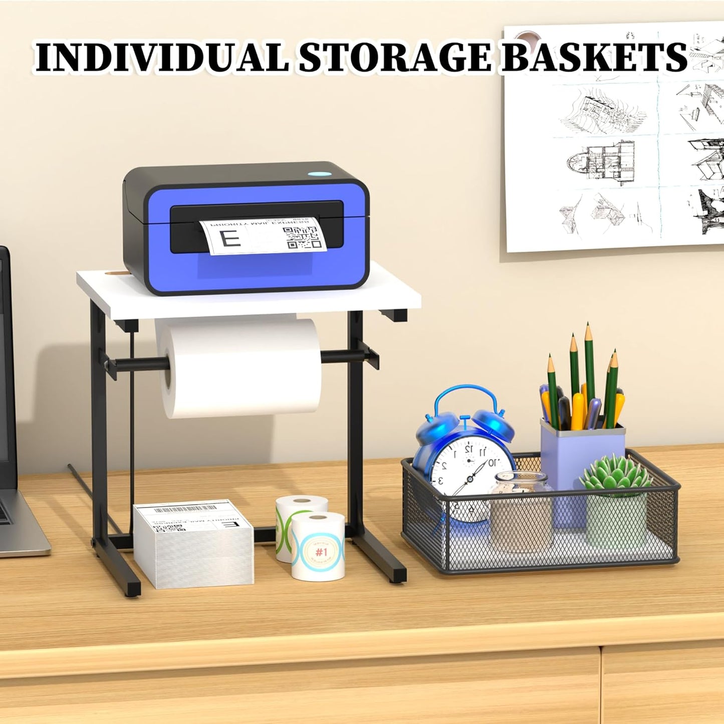 Label Holder for Rolls and Fan-Fold Labels, White Shipping Thermal Label Holder with Drawer for Desktop Thermal Printer, Sticker Roll Holder, Printer Accessory Supplies for Home, Office Small Business