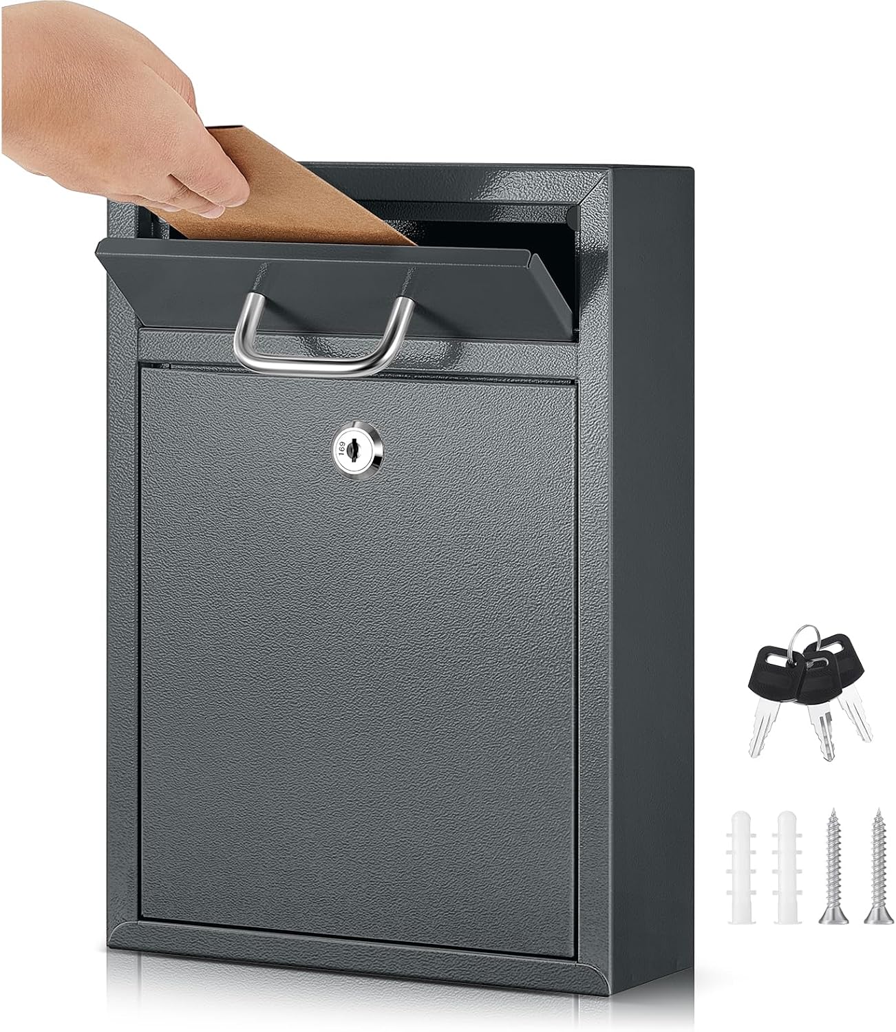 Locking Mailbox with Key for Outdoor 12.2 x 8.5 x 3 Inches Large Wall Mount Mail Box with Lock Security Mail Drop Metal Collection Boxes Hanging Secure Postbox(Dark Gray)