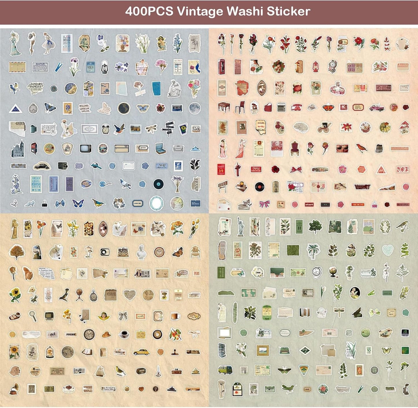 Maxleaf Vintage Washi Sticker Set, 400PCS Floral Retro Nostalgic Ephemera Stickers for Scrapbooking Journaling DIY Crafts Planner Diary Album Handmade Work Journal Envelope Gift Wrapping