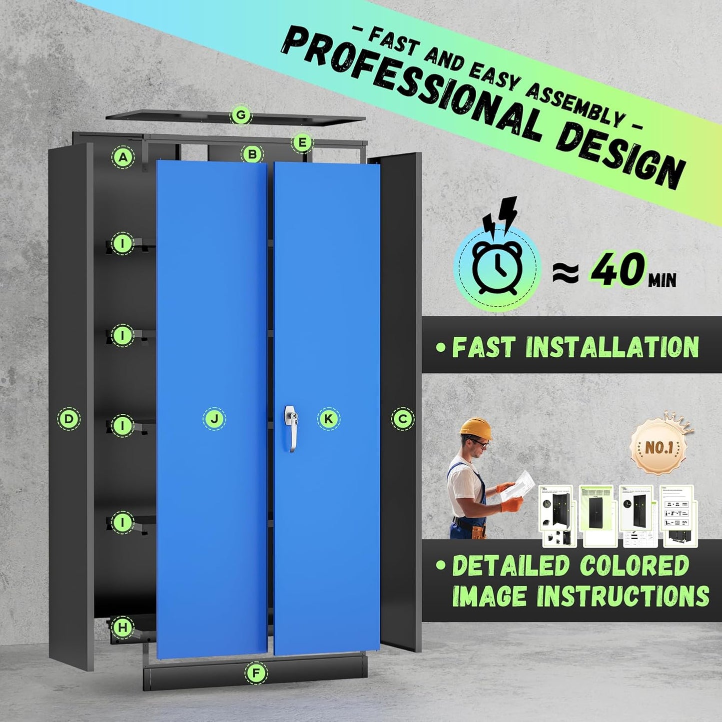 INTERGREAT Garage Storage Cabinets with Doors and Shelves,72" H Steel Locking Cabinets Storage with Lockable Door,Metal Storage Cabinet for Home Office,Warehouse,School,Black Blue