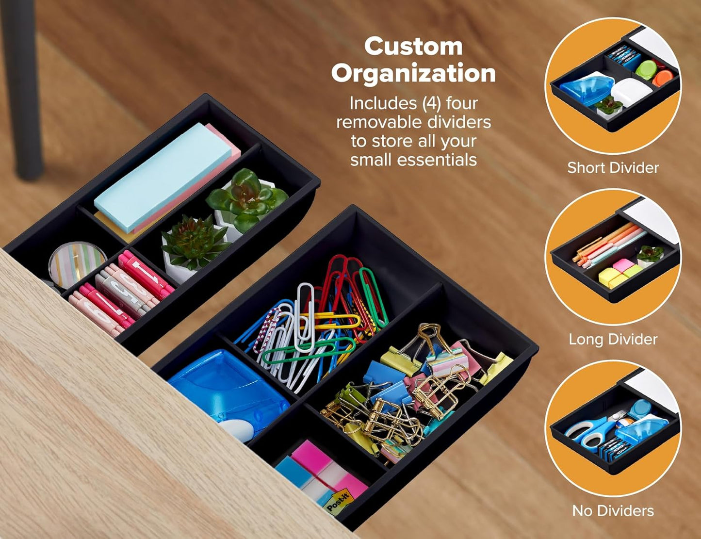 Bostitch Konnect Under Desk Drawer, Self-Adhesive Slide Out Storage Organizer with 4 Customizable Dividers, 2-Pack