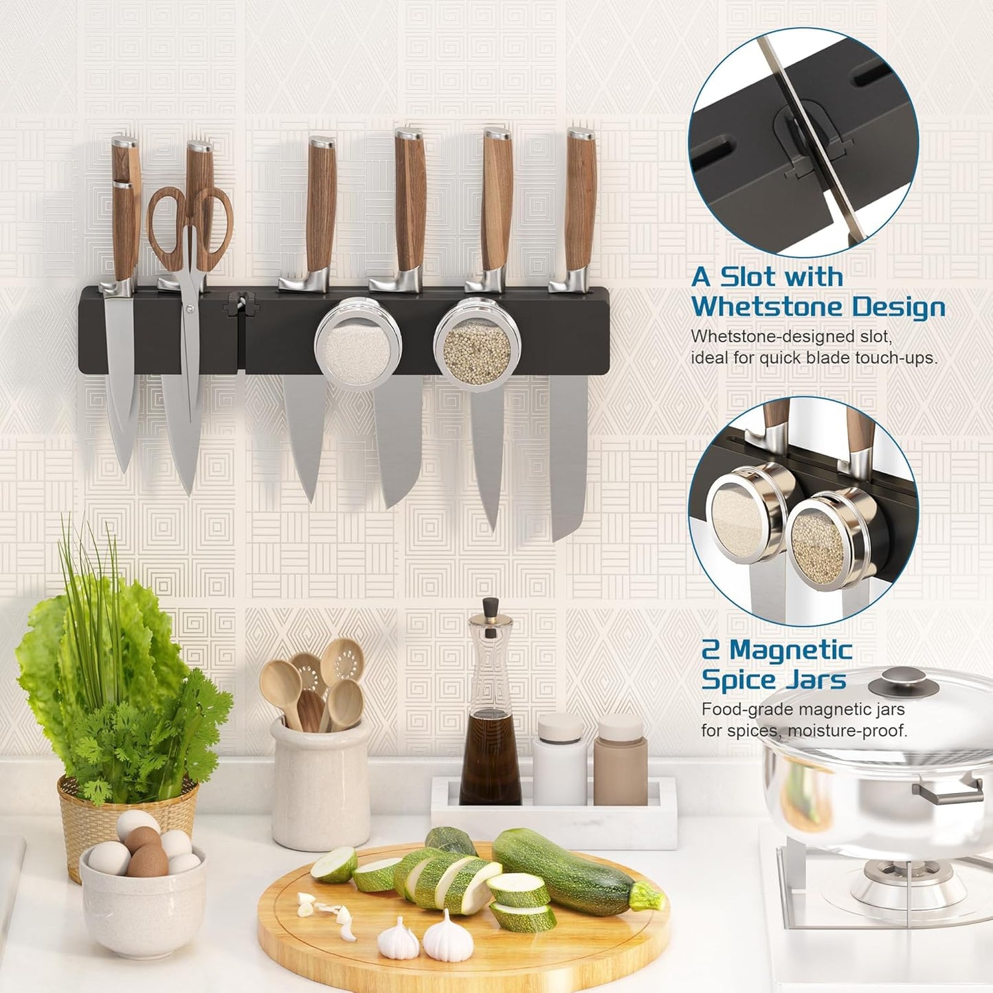 Magnetic Knife Holder for Wall, Acacia Wood Knife Magnetic Strip No Drill Knife Magnet Storage Bar Magnetic Tool Key Holder Strip for Kitchen Utensil Organizer (Black, 16 Inch Large)