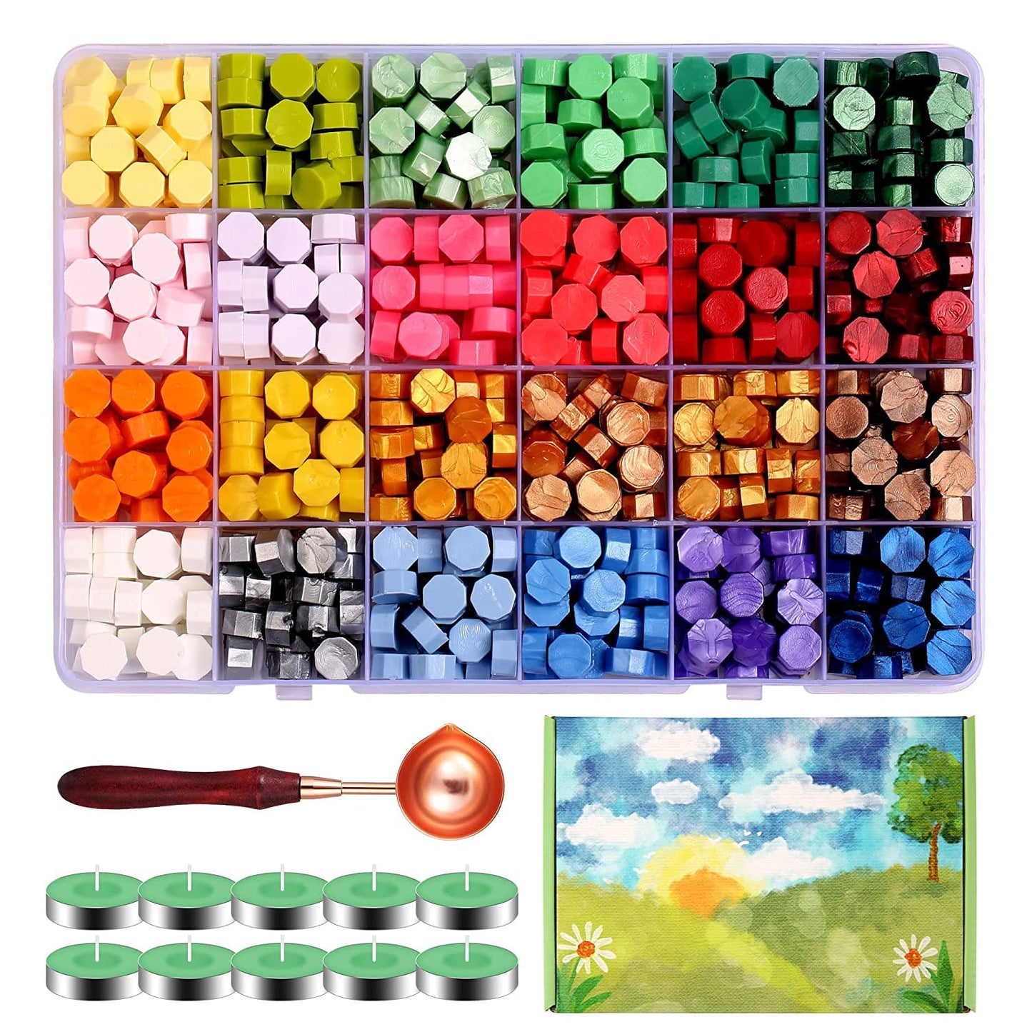 Comealltime 630Pcs 24 Colors Sealing Wax Beads, Colorful Seasons Theme Wax Seal Kit with 1Pcs Melting Spoon, 10Pcs Tea Light Candles and Gift Box(Colorful Season)