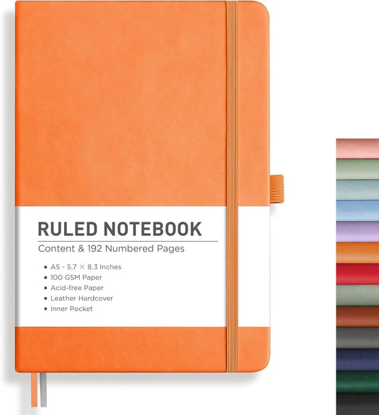 RETTACY Lined Journal Notebook, 192 Numbered Pages, A5 Medium Size (5.7'' x 8.3''), for Men & Women, Journaling, Writing, Work & Office, Leather Hardcover, 100 GSM Thick Paper (Orange)