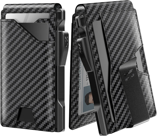 typecase Tactical Wallet for Men Card Holder: Pop Up Card Case, Genuine Leather, Smart, RFID Blocking, Slim, Minimalist, Thin, Front Pocket - 9-13 Card Capacitiy, ID Window, Money Clip (Carbon Fiber)