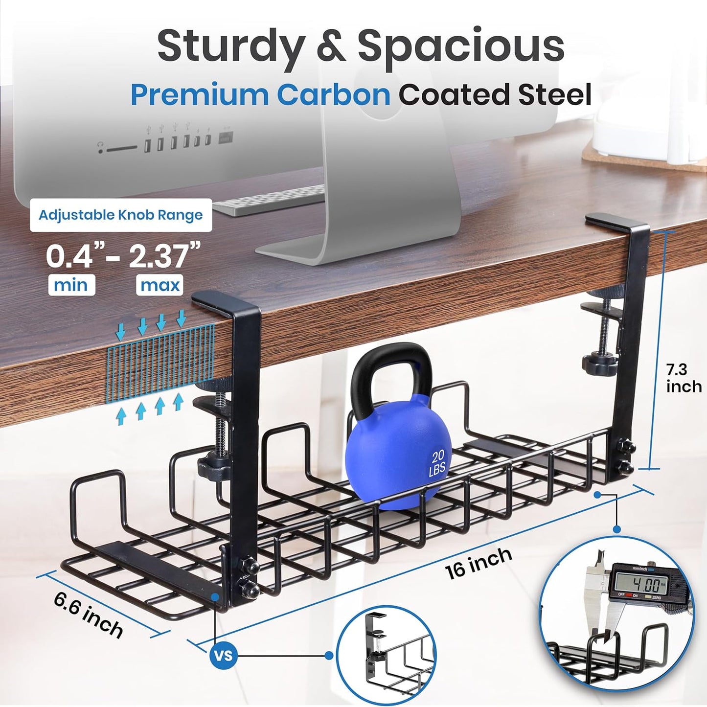 Under Desk Cable Management Tray, 16” No Drill Cord Organizer with Clamps for Wire Management, 4mm Sturdy Wire Desk Cable Organizer Tray, Cable Management Rack for Home & Office (Pack of 2)
