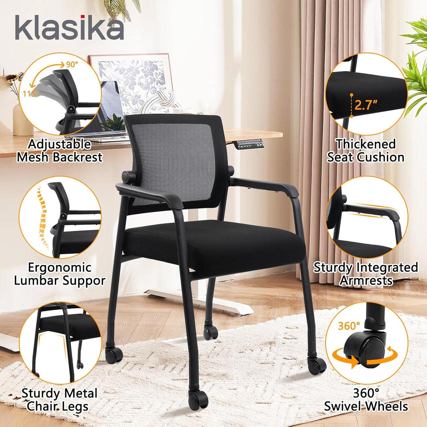Waiting Room Chairs with Wheels, Adjustable Mesh Backrest, Desk Chair with Ergonomic Lumbar Support and Thickened Seats Cushion, 2 Pack Black