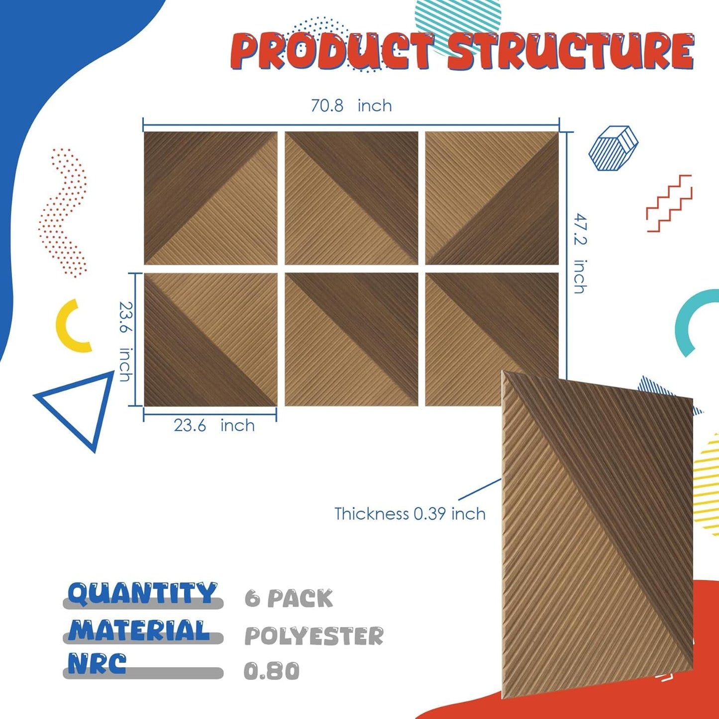 Acoustic Panels 6 Pack, Soundproof Wall Panels 23.6 x 23.6 Inches, Large Decorative Sound Absorbing Panels,Self-Adhesive Acoustic Treatment for Home Studio Office,Deep SymmetryLuxe