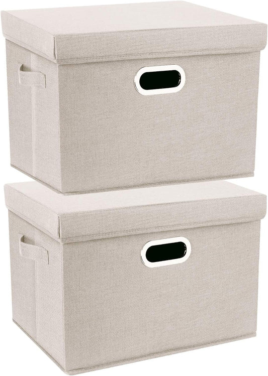 TYEERS Collapsible Storage Bins With Lids, Large Fabric Storage Boxes - 2 Pack - Beige