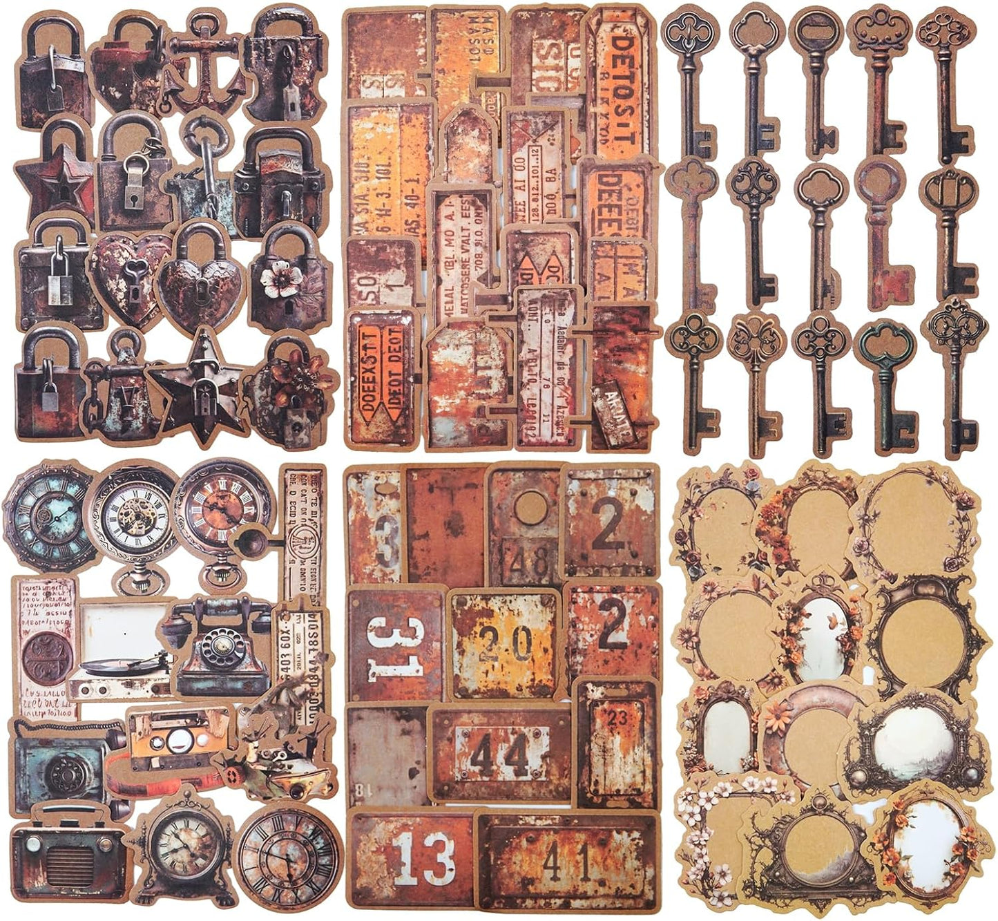 Vintage Kraft Paper Sticker Set, 96PCS Retro Scrapbook Supplies for Journaling and Crafts, Includes Keys, Padlocks, Signs, Labels, Frames, Number Plates