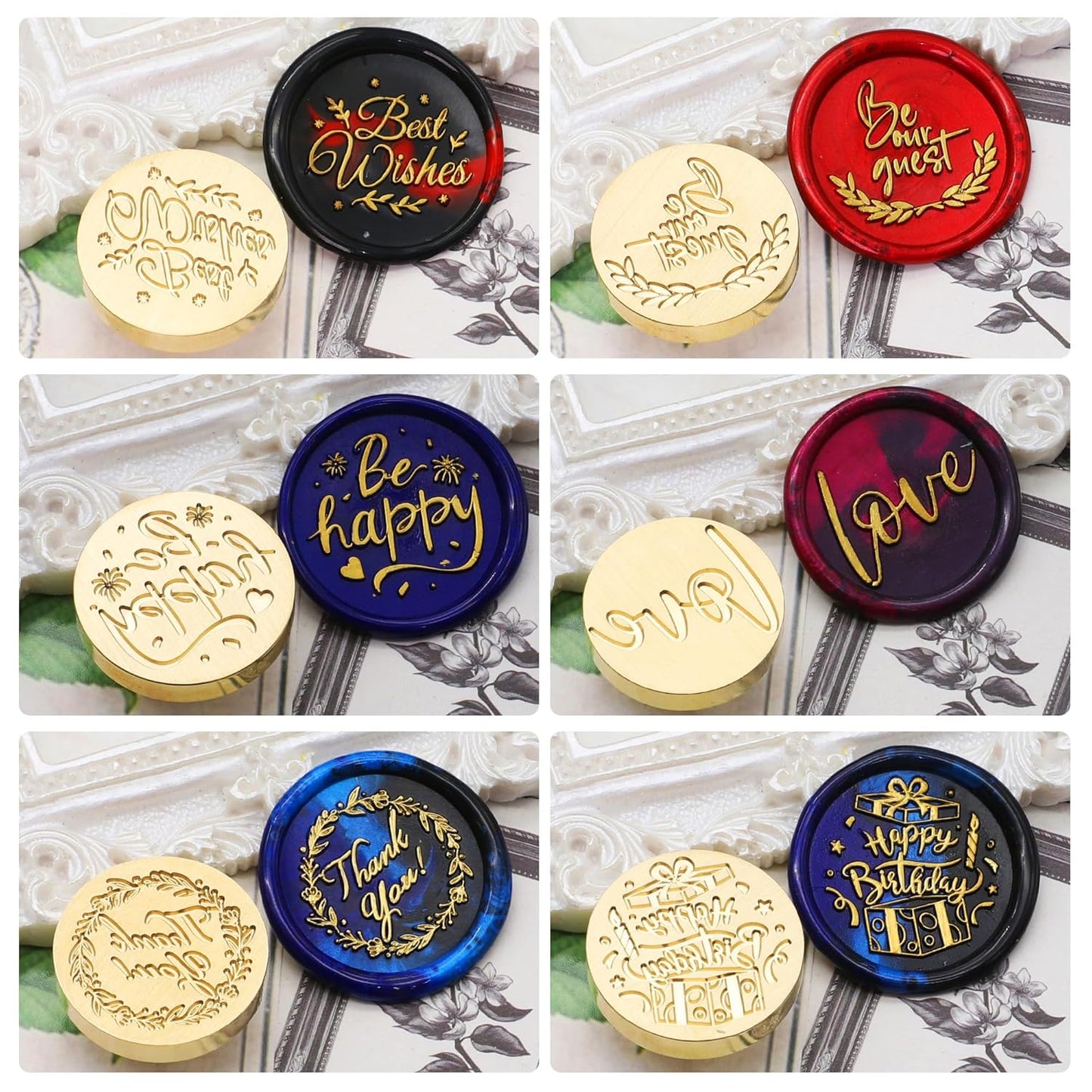 SWANGSA Phrases Wax Seal Stamp Set, Vintage 6 Pcs Sealing Wax Stamp Heads and 1 Wooden Handle for Wedding, Party Invitations, Letters, Envelopes, Christmas