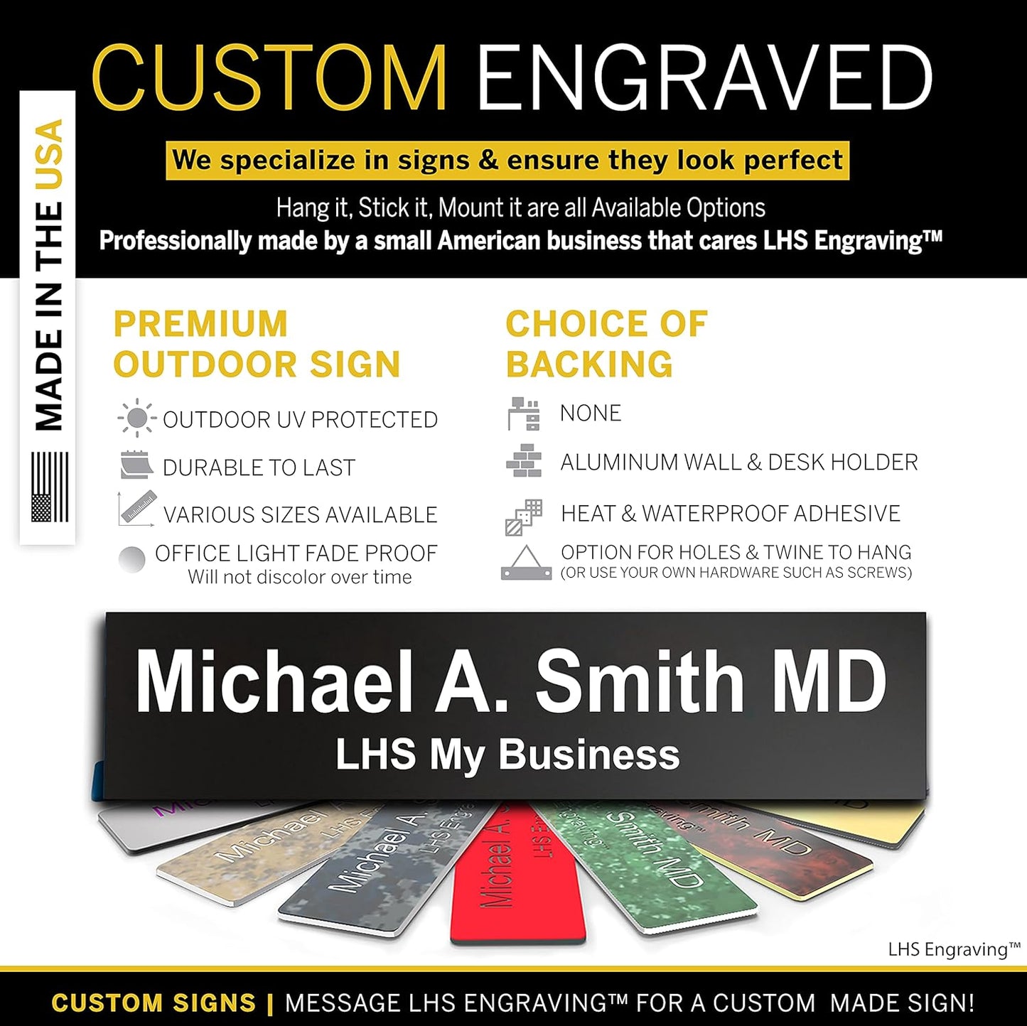 Engraved Custom Door Plate Black Plastic Office Door Sign with White Letters - Made in USA 2x8 B2